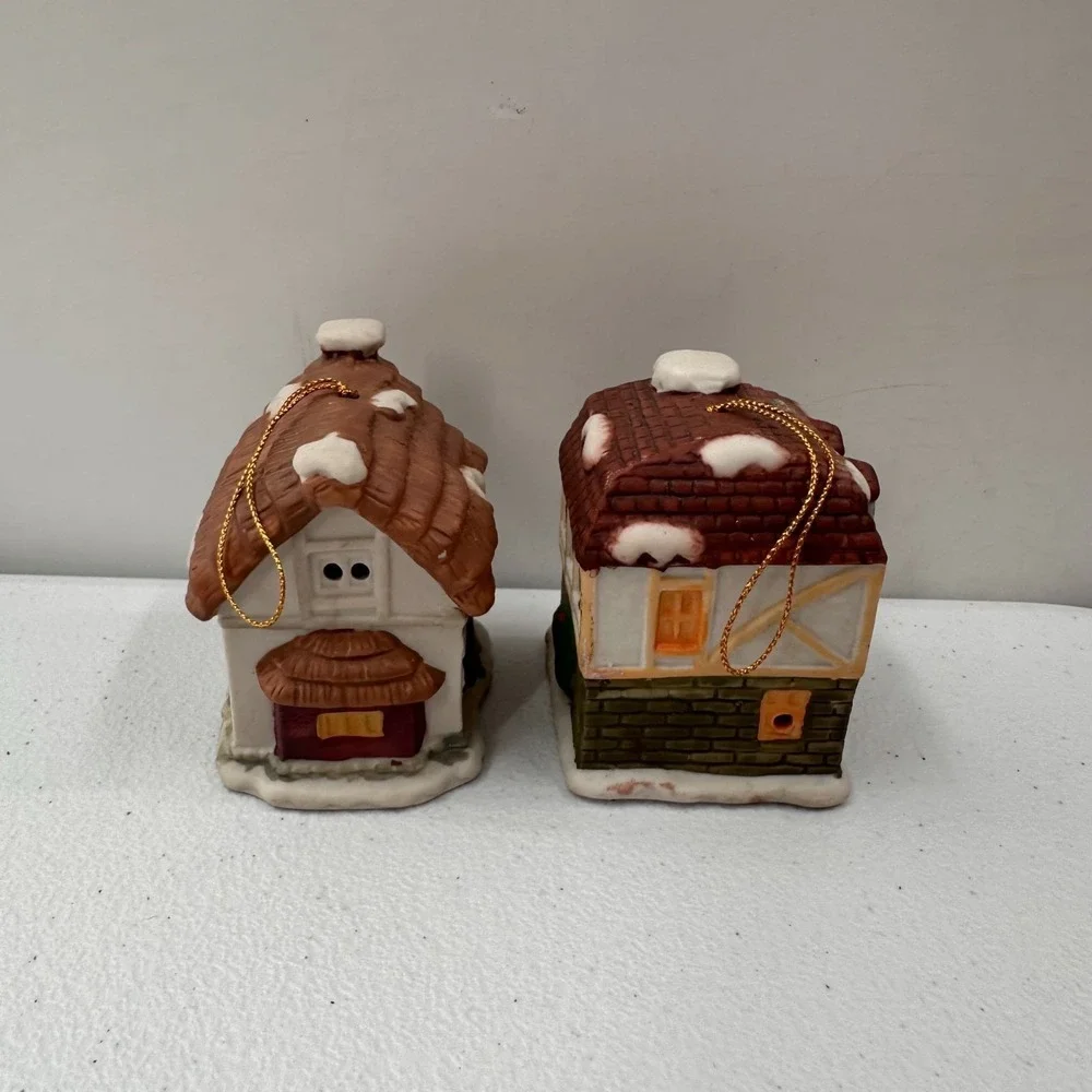 Vintage Porcelain Christmas Village House Bell Ornaments Set‎ 2 Pieces 1990
